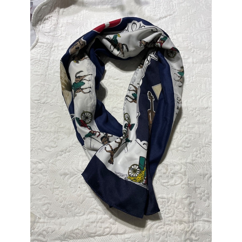 Vintage Austria Vienna Horse Scarf Navy Blue Music Wine Travel Made in Italy